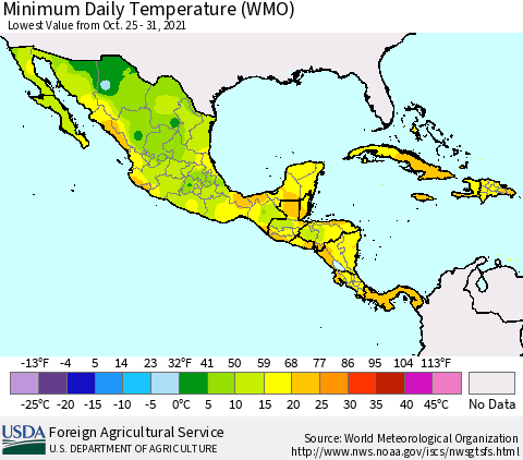 Mexico Central America and the Caribbean Minimum Daily Temperature (WMO) Thematic Map For 10/25/2021 - 10/31/2021