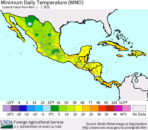 Mexico Central America and the Caribbean Minimum Daily Temperature (WMO) Thematic Map For 11/1/2021 - 11/7/2021