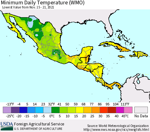 Mexico Central America and the Caribbean Minimum Daily Temperature (WMO) Thematic Map For 11/15/2021 - 11/21/2021