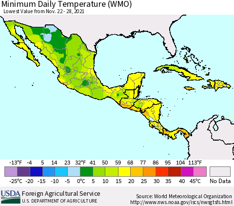 Mexico Central America and the Caribbean Minimum Daily Temperature (WMO) Thematic Map For 11/22/2021 - 11/28/2021