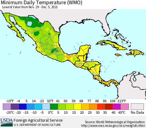 Mexico Central America and the Caribbean Minimum Daily Temperature (WMO) Thematic Map For 11/29/2021 - 12/5/2021