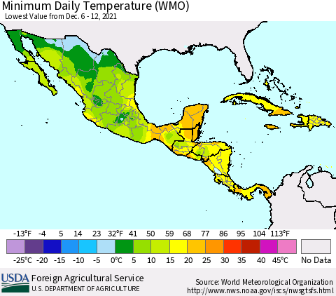 Mexico Central America and the Caribbean Minimum Daily Temperature (WMO) Thematic Map For 12/6/2021 - 12/12/2021
