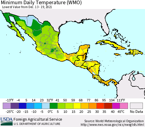 Mexico Central America and the Caribbean Minimum Daily Temperature (WMO) Thematic Map For 12/13/2021 - 12/19/2021