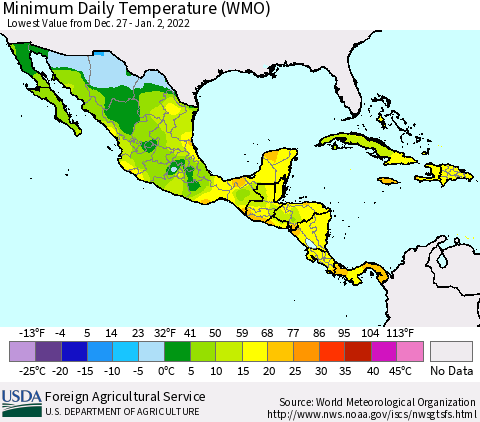 Mexico Central America and the Caribbean Minimum Daily Temperature (WMO) Thematic Map For 12/27/2021 - 1/2/2022