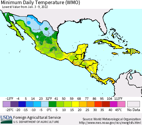 Mexico Central America and the Caribbean Minimum Daily Temperature (WMO) Thematic Map For 1/3/2022 - 1/9/2022