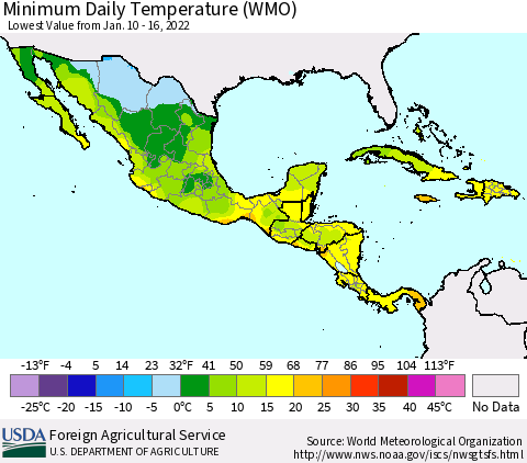 Mexico Central America and the Caribbean Minimum Daily Temperature (WMO) Thematic Map For 1/10/2022 - 1/16/2022