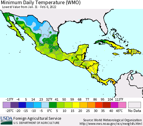 Mexico Central America and the Caribbean Minimum Daily Temperature (WMO) Thematic Map For 1/31/2022 - 2/6/2022
