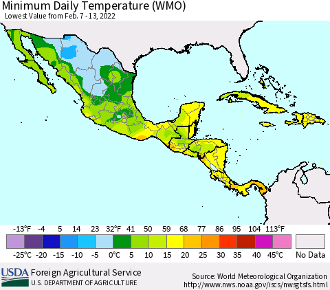 Mexico Central America and the Caribbean Minimum Daily Temperature (WMO) Thematic Map For 2/7/2022 - 2/13/2022