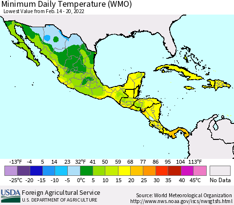 Mexico Central America and the Caribbean Minimum Daily Temperature (WMO) Thematic Map For 2/14/2022 - 2/20/2022