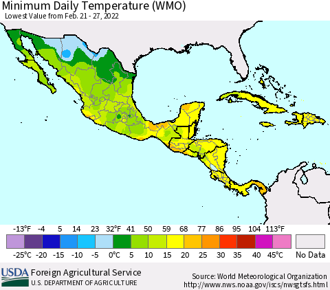 Mexico Central America and the Caribbean Minimum Daily Temperature (WMO) Thematic Map For 2/21/2022 - 2/27/2022