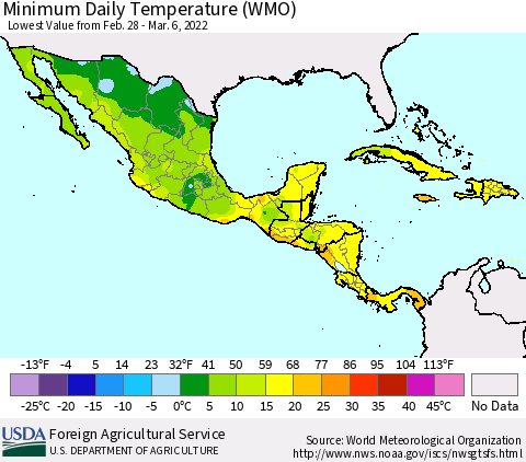 Mexico Central America and the Caribbean Minimum Daily Temperature (WMO) Thematic Map For 2/28/2022 - 3/6/2022
