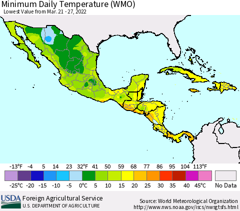 Mexico Central America and the Caribbean Minimum Daily Temperature (WMO) Thematic Map For 3/21/2022 - 3/27/2022