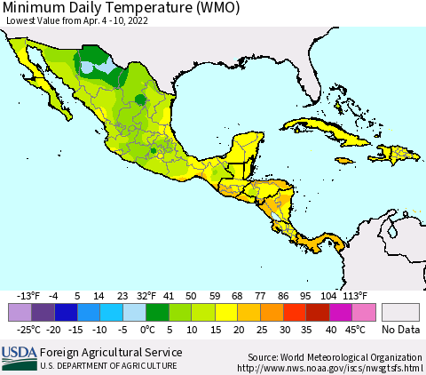 Mexico Central America and the Caribbean Minimum Daily Temperature (WMO) Thematic Map For 4/4/2022 - 4/10/2022