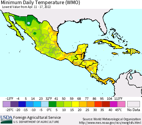 Mexico Central America and the Caribbean Minimum Daily Temperature (WMO) Thematic Map For 4/11/2022 - 4/17/2022