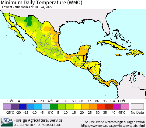 Mexico Central America and the Caribbean Minimum Daily Temperature (WMO) Thematic Map For 4/18/2022 - 4/24/2022