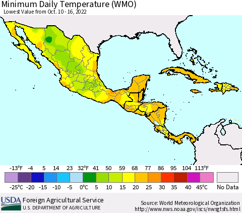Mexico Central America and the Caribbean Minimum Daily Temperature (WMO) Thematic Map For 10/10/2022 - 10/16/2022