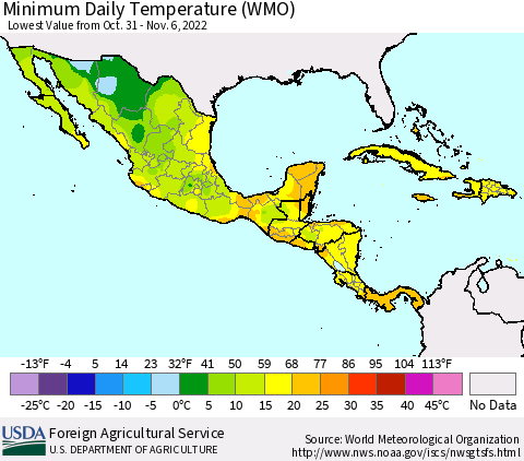 Mexico Central America and the Caribbean Minimum Daily Temperature (WMO) Thematic Map For 10/31/2022 - 11/6/2022