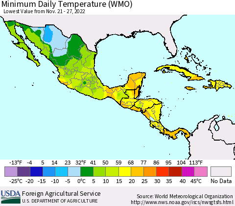 Mexico Central America and the Caribbean Minimum Daily Temperature (WMO) Thematic Map For 11/21/2022 - 11/27/2022