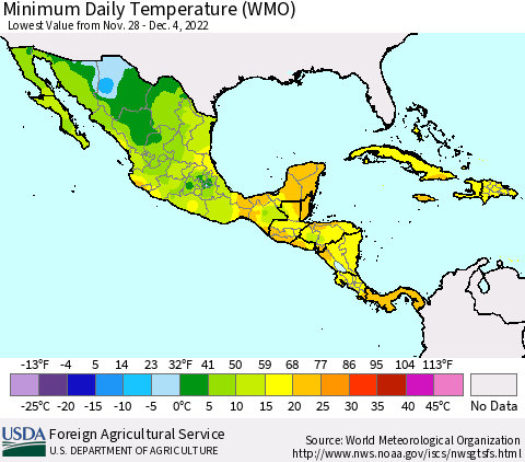 Mexico Central America and the Caribbean Minimum Daily Temperature (WMO) Thematic Map For 11/28/2022 - 12/4/2022