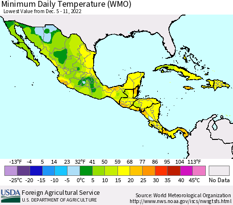 Mexico Central America and the Caribbean Minimum Daily Temperature (WMO) Thematic Map For 12/5/2022 - 12/11/2022