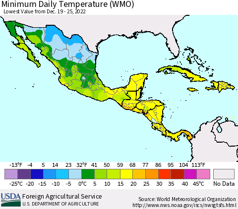 Mexico Central America and the Caribbean Minimum Daily Temperature (WMO) Thematic Map For 12/19/2022 - 12/25/2022