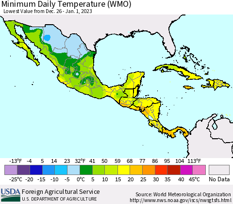 Mexico Central America and the Caribbean Minimum Daily Temperature (WMO) Thematic Map For 12/26/2022 - 1/1/2023