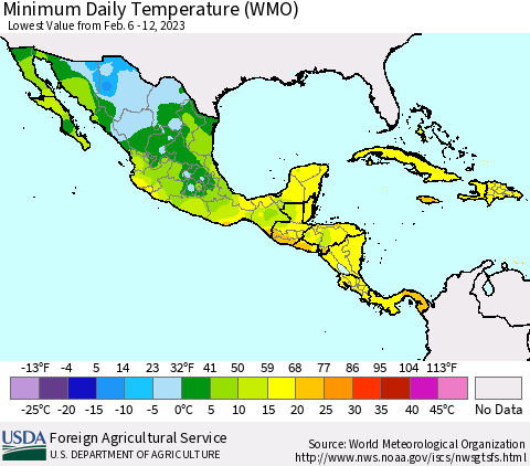 Mexico Central America and the Caribbean Minimum Daily Temperature (WMO) Thematic Map For 2/6/2023 - 2/12/2023