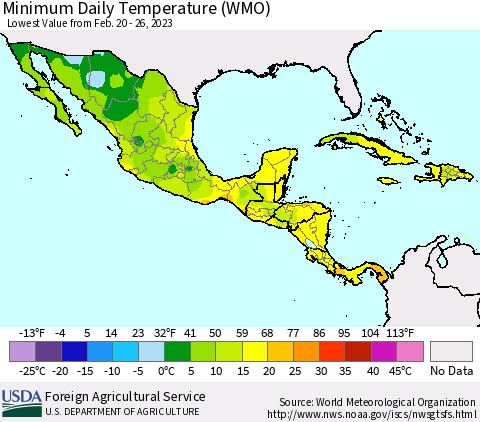 Mexico Central America and the Caribbean Minimum Daily Temperature (WMO) Thematic Map For 2/20/2023 - 2/26/2023