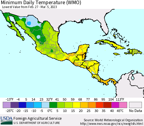 Mexico Central America and the Caribbean Minimum Daily Temperature (WMO) Thematic Map For 2/27/2023 - 3/5/2023