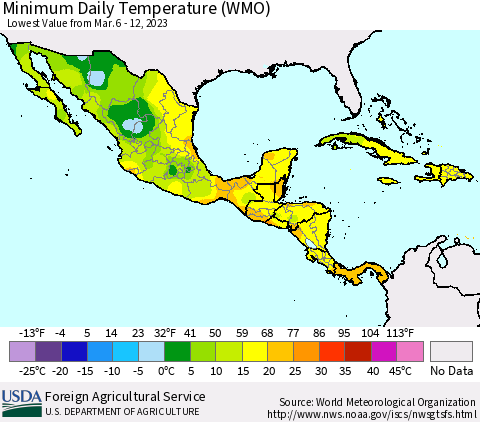 Mexico Central America and the Caribbean Minimum Daily Temperature (WMO) Thematic Map For 3/6/2023 - 3/12/2023