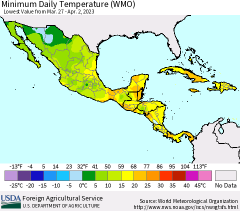 Mexico Central America and the Caribbean Minimum Daily Temperature (WMO) Thematic Map For 3/27/2023 - 4/2/2023