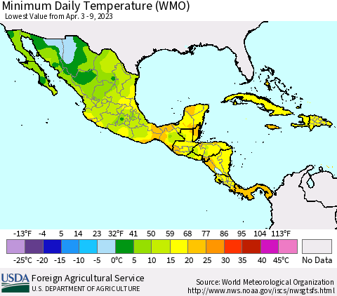 Mexico Central America and the Caribbean Minimum Daily Temperature (WMO) Thematic Map For 4/3/2023 - 4/9/2023