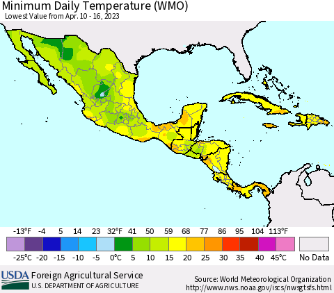 Mexico Central America and the Caribbean Minimum Daily Temperature (WMO) Thematic Map For 4/10/2023 - 4/16/2023