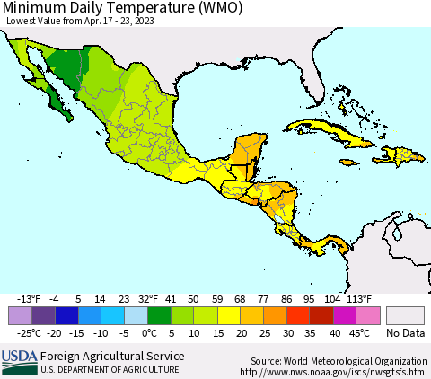 Mexico Central America and the Caribbean Minimum Daily Temperature (WMO) Thematic Map For 4/17/2023 - 4/23/2023