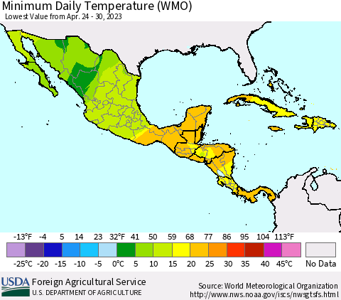 Mexico Central America and the Caribbean Minimum Daily Temperature (WMO) Thematic Map For 4/24/2023 - 4/30/2023