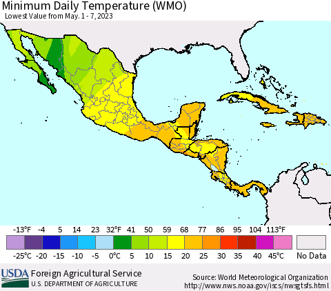 Mexico Central America and the Caribbean Minimum Daily Temperature (WMO) Thematic Map For 5/1/2023 - 5/7/2023