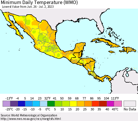 Mexico Central America and the Caribbean Minimum Daily Temperature (WMO) Thematic Map For 6/26/2023 - 7/2/2023
