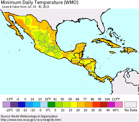 Mexico Central America and the Caribbean Minimum Daily Temperature (WMO) Thematic Map For 7/24/2023 - 7/30/2023