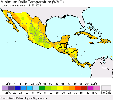 Mexico Central America and the Caribbean Minimum Daily Temperature (WMO) Thematic Map For 8/14/2023 - 8/20/2023
