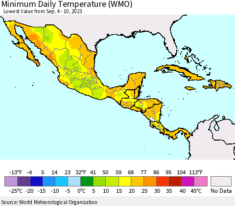 Mexico Central America and the Caribbean Minimum Daily Temperature (WMO) Thematic Map For 9/4/2023 - 9/10/2023