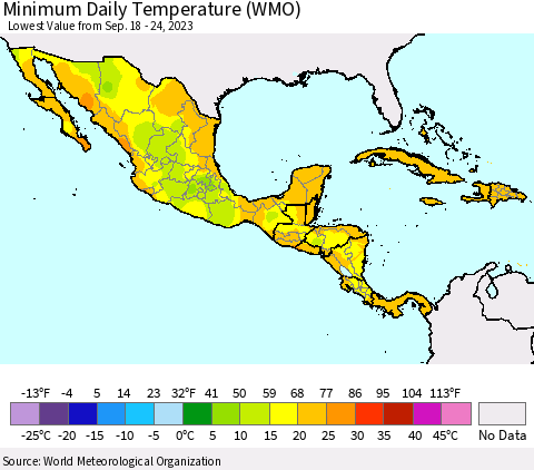 Mexico Central America and the Caribbean Minimum Daily Temperature (WMO) Thematic Map For 9/18/2023 - 9/24/2023