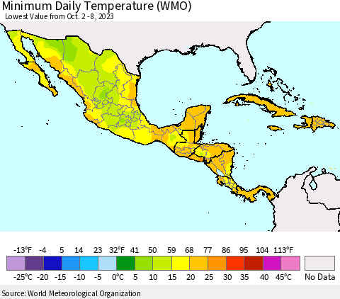 Mexico Central America and the Caribbean Minimum Daily Temperature (WMO) Thematic Map For 10/2/2023 - 10/8/2023