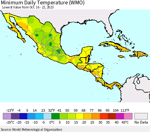 Mexico Central America and the Caribbean Minimum Daily Temperature (WMO) Thematic Map For 10/16/2023 - 10/22/2023