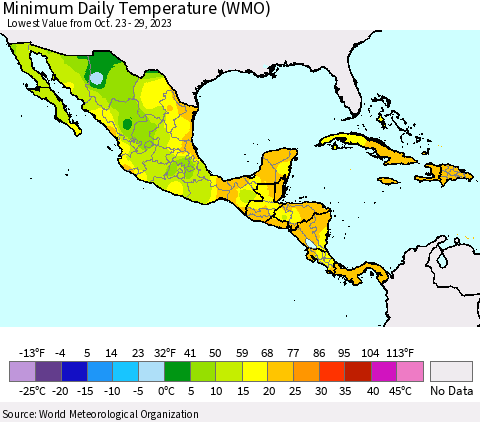 Mexico Central America and the Caribbean Minimum Daily Temperature (WMO) Thematic Map For 10/23/2023 - 10/29/2023