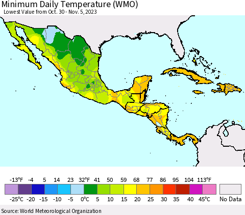 Mexico Central America and the Caribbean Minimum Daily Temperature (WMO) Thematic Map For 10/30/2023 - 11/5/2023