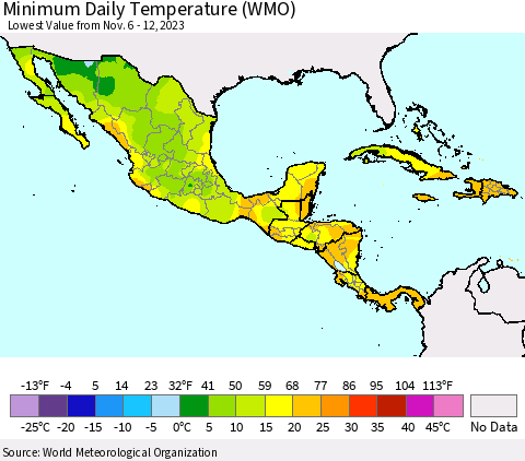 Mexico Central America and the Caribbean Minimum Daily Temperature (WMO) Thematic Map For 11/6/2023 - 11/12/2023