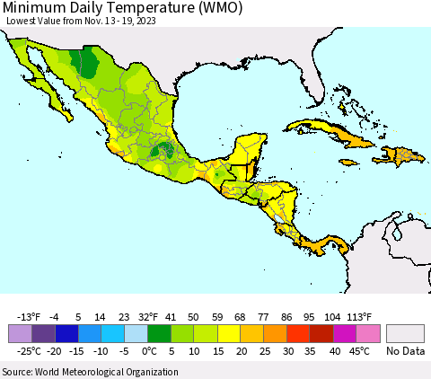 Mexico Central America and the Caribbean Minimum Daily Temperature (WMO) Thematic Map For 11/13/2023 - 11/19/2023