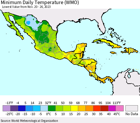 Mexico Central America and the Caribbean Minimum Daily Temperature (WMO) Thematic Map For 11/20/2023 - 11/26/2023