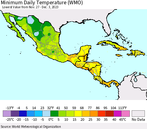 Mexico Central America and the Caribbean Minimum Daily Temperature (WMO) Thematic Map For 11/27/2023 - 12/3/2023