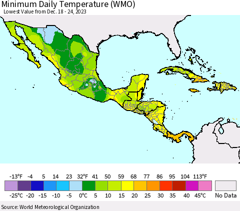Mexico Central America and the Caribbean Minimum Daily Temperature (WMO) Thematic Map For 12/18/2023 - 12/24/2023